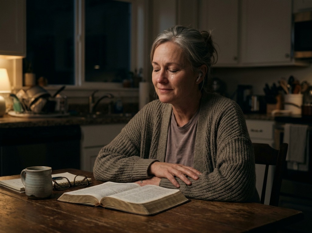 Sarah Jenkins praying in her kitchen before dawn with headphones and an open Bible